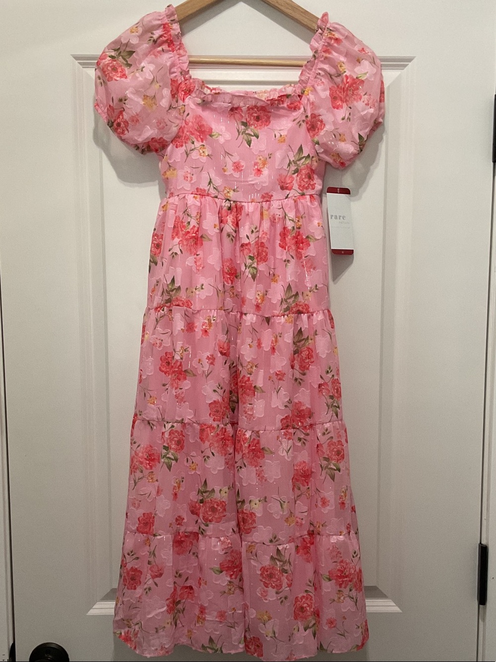 Rare Editions Pink Floral Puff-Sleeve Tiered Dress
